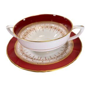 Royal Worcester Regency Red Cream Soup Cup Saucer Set Ruby Gold Trim Bone China